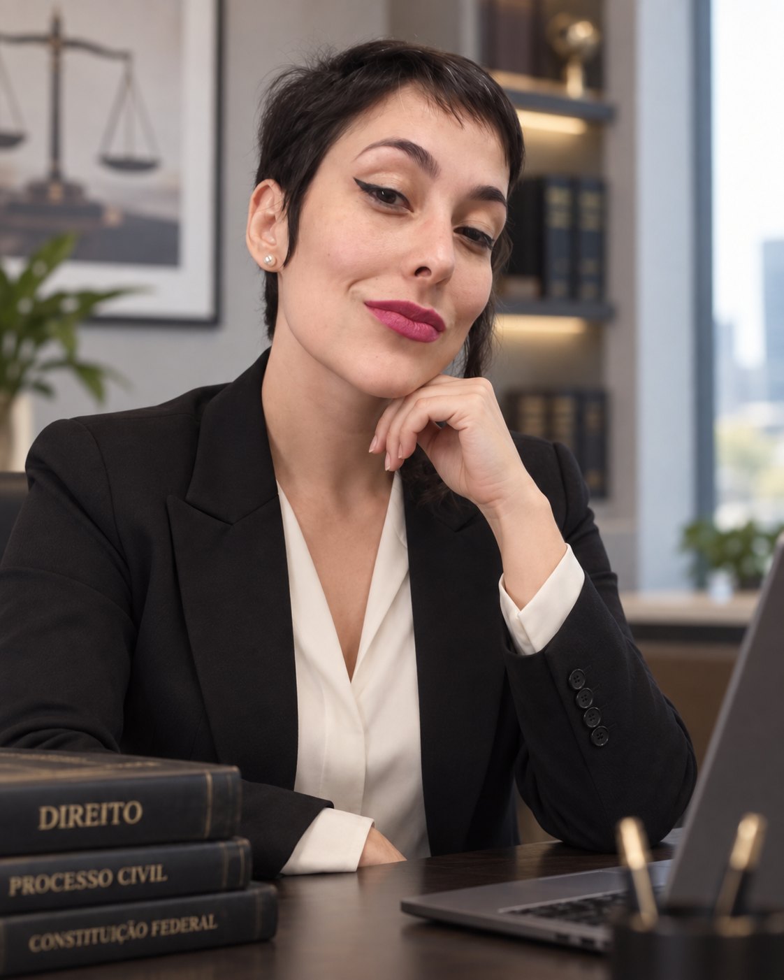 Dra. Francieli Zambonini sorrindo à mesa, ao lado de livros de Direito, Processo Civil e da Constituição Federal